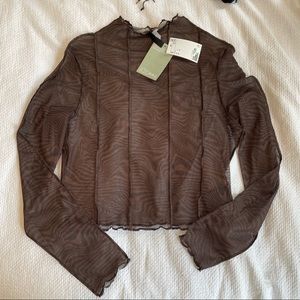 Sheer mesh long sleeve top brown and black groovy pattern